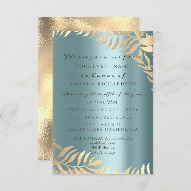 Golden Jungle Blue Gold Elegant Bridal Birthday Invitation (Front/Back)