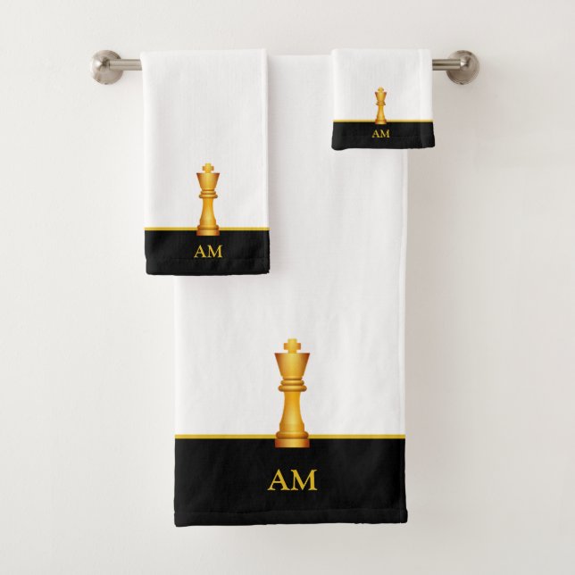 Golden King & Monogram on Black & White Bath Towel Set (Insitu)