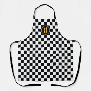 Golden King & Queen on Black White Chess Pattern Apron