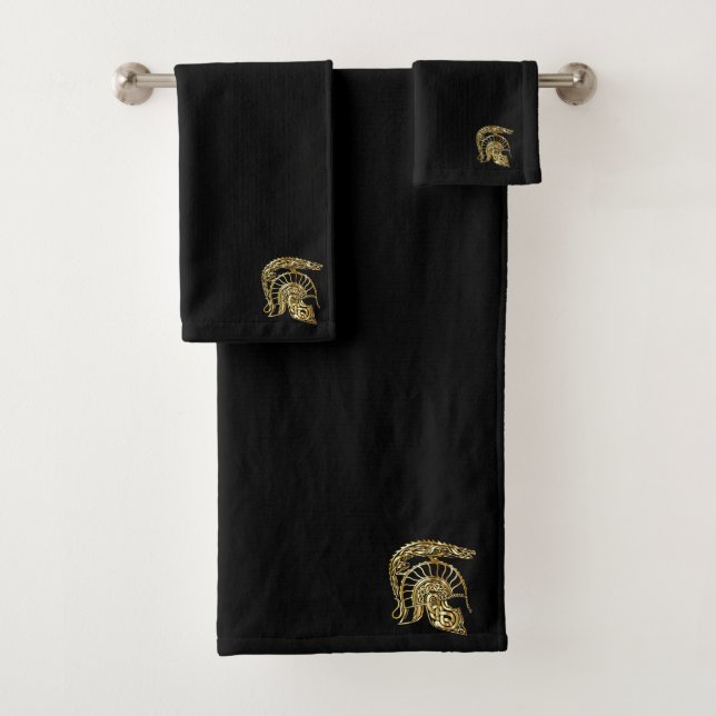 Golden knight armour helmet forge in gold (black) bath towel set (Insitu)