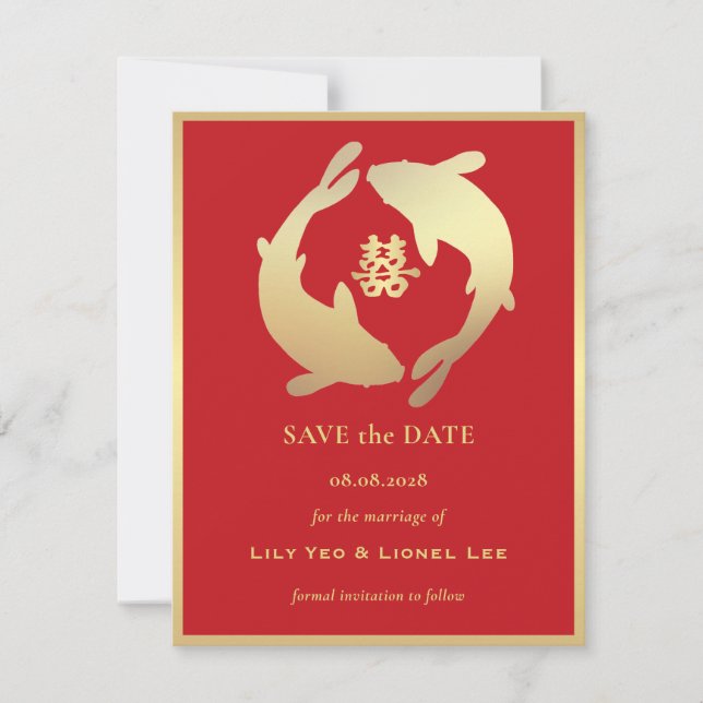 Golden Koi and Double Happiness | Save the Date Invitation (Front)