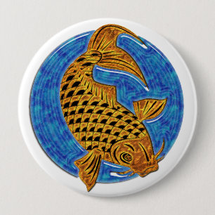 Golden Koi in Blue Glass Pond 10 Cm Round Badge