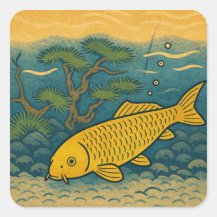 Golden Koi Japanese Art Square Sticker