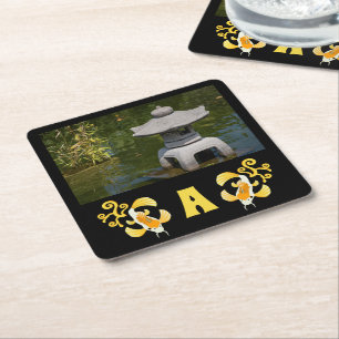 Golden Koi Photo Monogram Square Paper Coaster