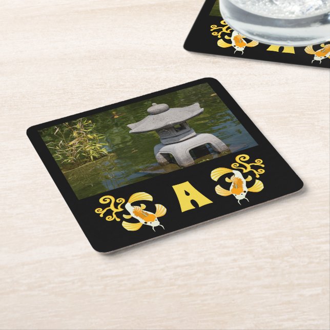 Golden Koi Photo Monogram Square Paper Coaster (Angled)