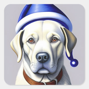 Golden Labrador Dog Wearing Blue Holiday Hat Square Sticker