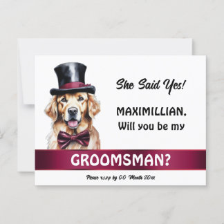 Golden labrador groomsman proposal burgundy tuxedo postcard