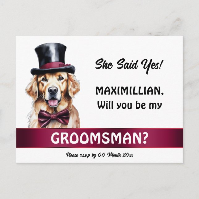 Golden labrador groomsman proposal burgundy tuxedo postcard (Front)