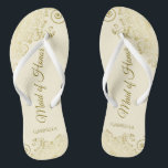 Golden Lace on Ivory Cream Maid of Honour Wedding Thongs<br><div class="desc">These beautiful wedding flip flops are a great way to thank and recognise your Maid of Honour while saving her feet at the same time. Features an elegant design with golden lace frills on an ivory or cream coloured background and fancy gold coloured script lettering. The test reads Maid of...</div>