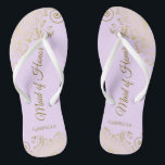Golden Lace on Lilac Purple Maid of Honour Wedding Thongs<br><div class="desc">These beautiful wedding flip flops are a great way to thank and recognise your Maid of Honour while saving her feet at the same time. Features an elegant design with golden lace frills on a lilac, lavender, or pale purple coloured background and fancy gold coloured script lettering. The test reads...</div>