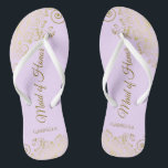 Golden Lace on Lilac Purple Maid of Honour Wedding Thongs<br><div class="desc">These beautiful wedding flip flops are a great way to thank and recognise your Maid of Honour while saving her feet at the same time. Features an elegant design with golden lace frills on a lilac, lavender, or pale purple coloured background and fancy gold coloured script lettering. The test reads...</div>