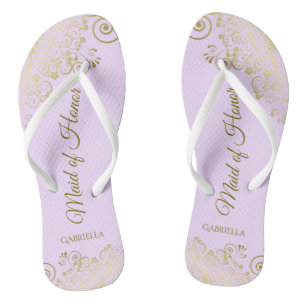Golden Lace on Lilac Purple Maid of Honour Wedding Thongs