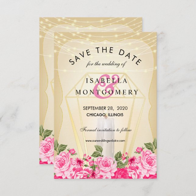 Golden Lantern and Pink Floral Invitation (Front/Back)