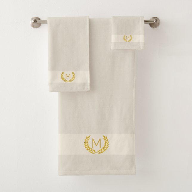 Golden Laurel and Monogram on Light Sand Beige Bath Towel Set (Insitu)