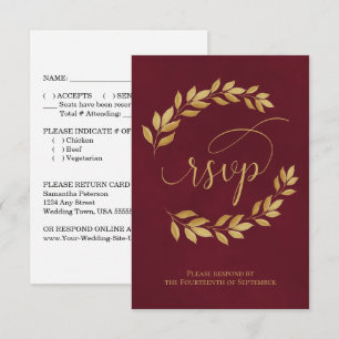 Golden Laurel Leaves on Burgundy Elegant Wedding RSVP Card