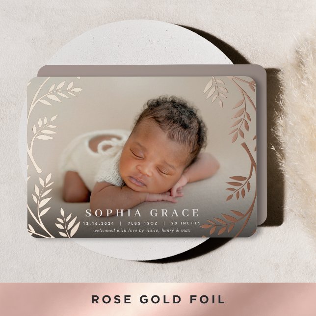 Golden Laurel | Rose Gold Foil Birth Announcement (Creator Uploaded)