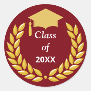 Golden Laurel Wreath Class of 20XX on Burgundy Classic Round Sticker