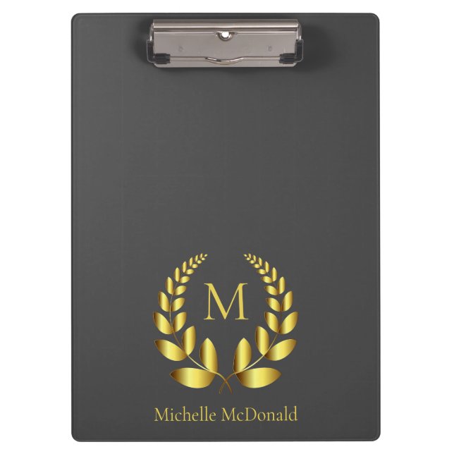 Golden Laurel Wreath Monogram Clipboard (Front)