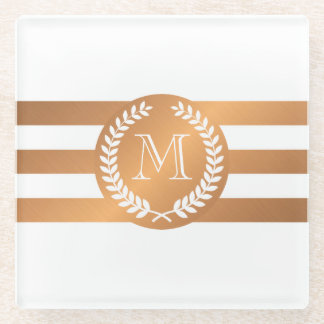 Golden Laurel Wreath Monogram Glass Coaster