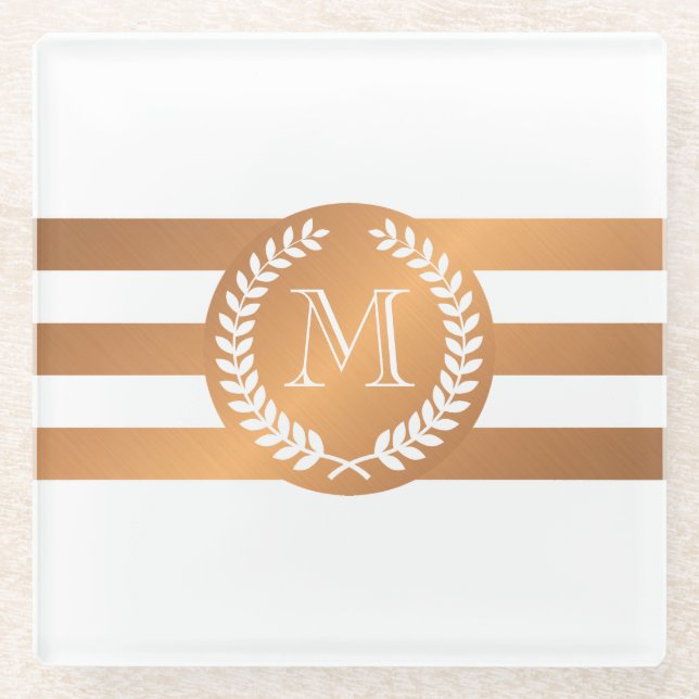 Golden Laurel Wreath Monogram Glass Coaster (Front)