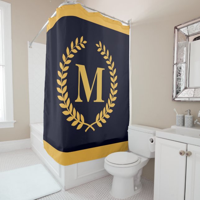 Golden Laurel Wreath Monogram Shower Curtain (In Situ)