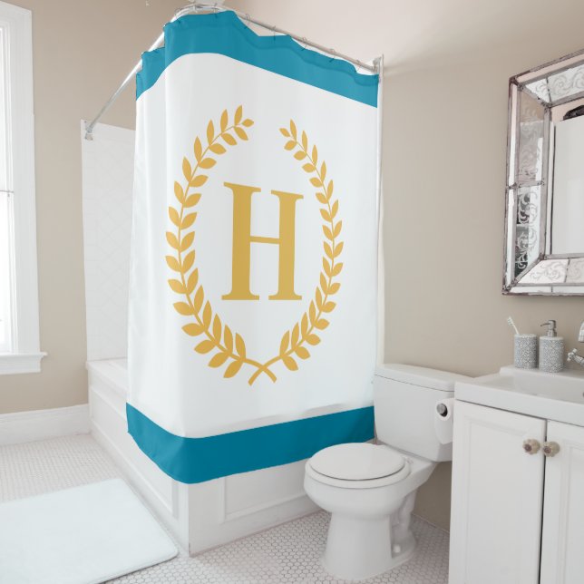 Golden Laurel Wreath Monogram Shower Curtain (In Situ)