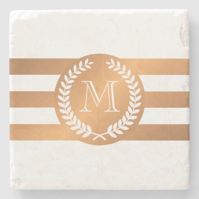 Golden Laurel Wreath Monogram Stone Coaster (Front)