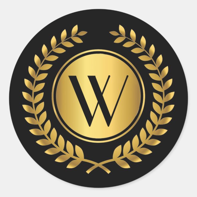 Golden Laurel Wreath Monogrammed Classic Round Sticker (Front)
