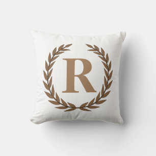 Golden Laurel Wreath Personalised Initial White Cushion