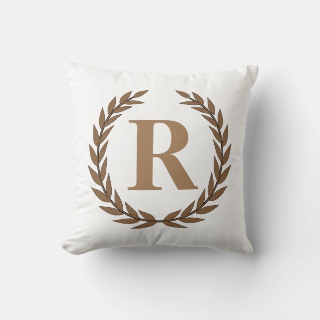 Golden Laurel Wreath Personalised Initial White Cushion (Front)