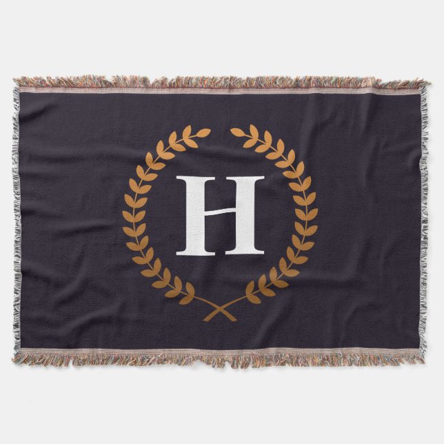 Golden Laurel Wreaths Monogram Throw Blanket (Front)