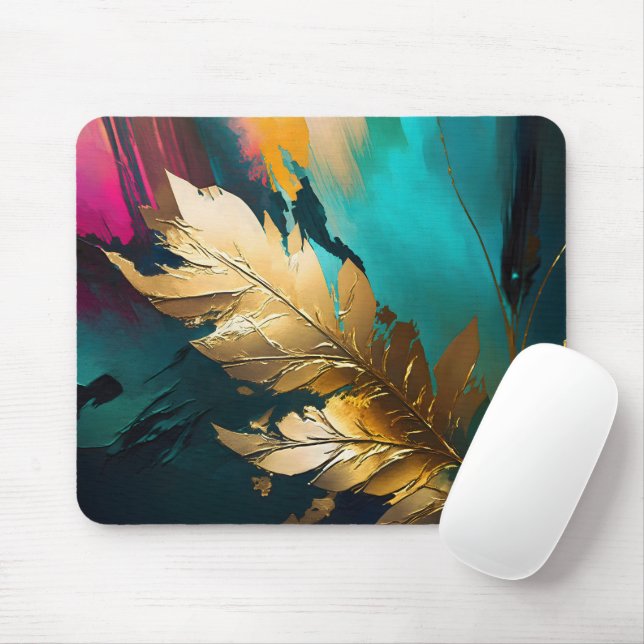 Golden Leaf – Abstract Botanical Modern Art Mouse Pad (With Mouse)