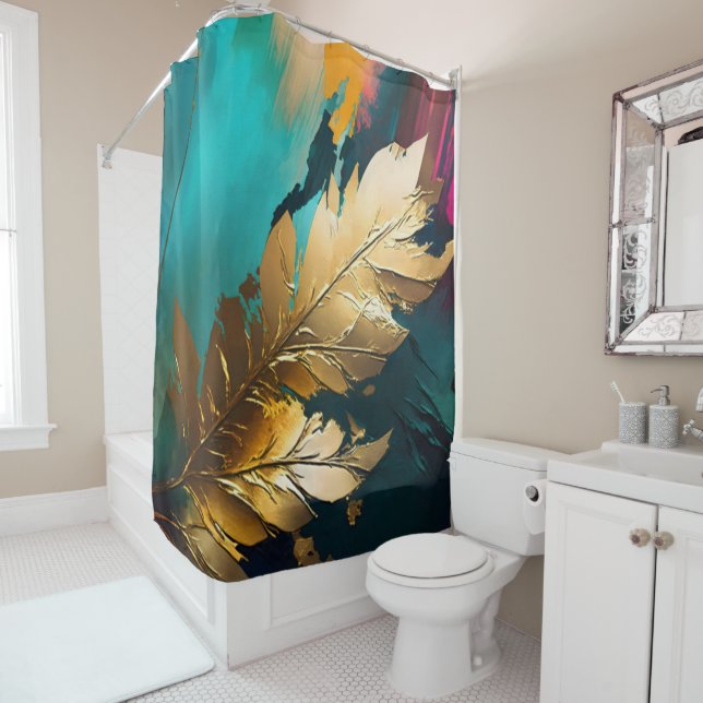 Golden Leaf – Abstract Botanical Modern Art Shower Curtain (In Situ)