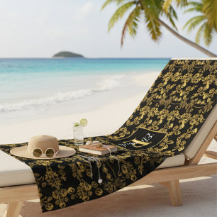 Golden leaf and black luxury Monogram custom Beach Towel