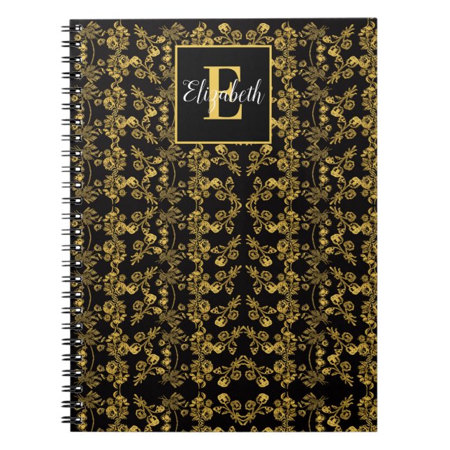 Golden leaf and black luxury | Monogram custom Notebook (Front)