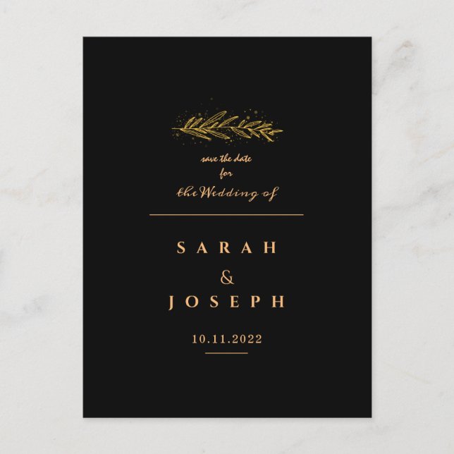 Golden Leaf Branch Sparkles Elegant Black Wedding  Announcement Postcard (Front)