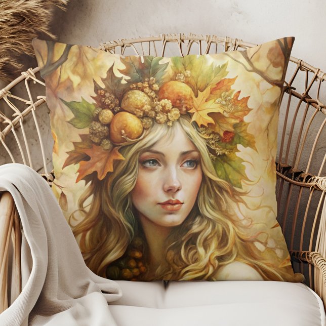 Golden Leaf Crown Fairy - Cosy Boho Autumn Accent Cushion (Golden Leaf Crown Fairy - Cozy Boho Autumn Accent Throw Pillow in a boho rattan armchair)