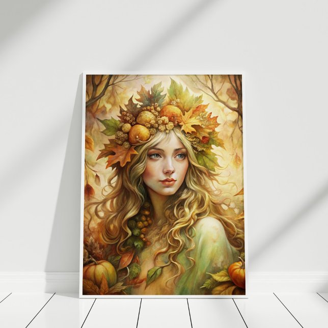 Golden Leaf Fairy – Ethereal Autumn Wall Art Print (Golden Leaf Fairy – Ethereal Autumn Wall Art Print in a white wooden frame)