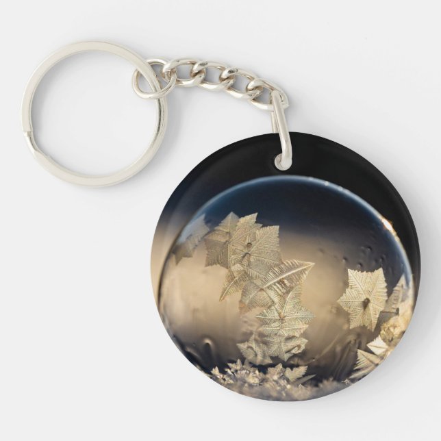 Golden Leaf Filled Bubble in Snow Key Ring (Front)
