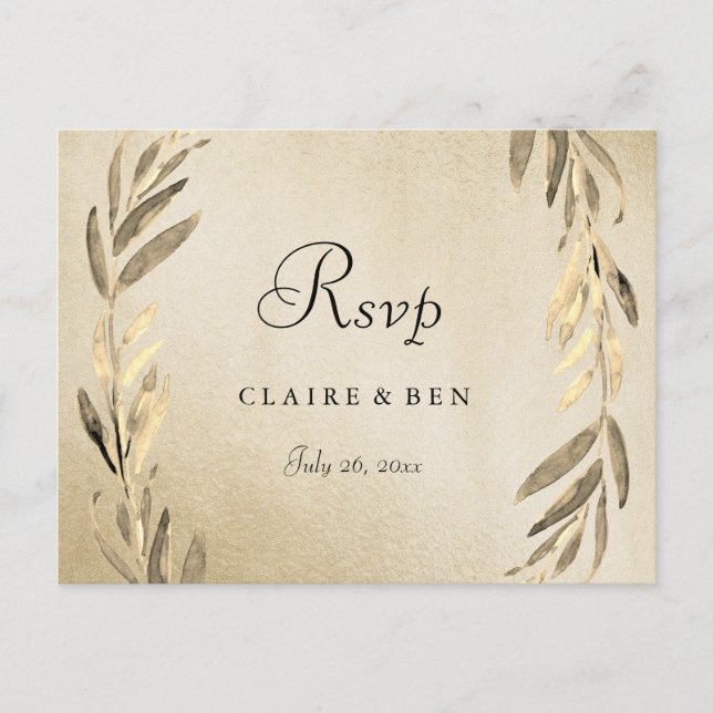 Golden Leaf Gold Foil Wedding RSVP Postcard (Front)