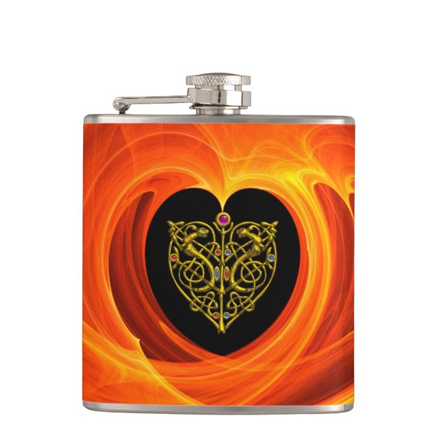 GOLDEN LEAF IN ORANGE FRACTAL SWIRLS HIP FLASK (Front)