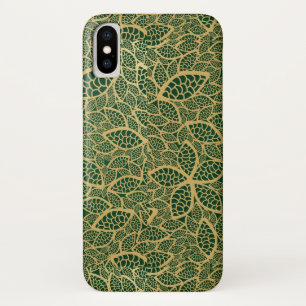 Golden leaf lace on green background iPhone x case