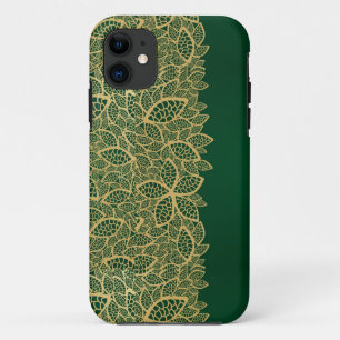 Golden leaf lace on green background iPhone 11 case