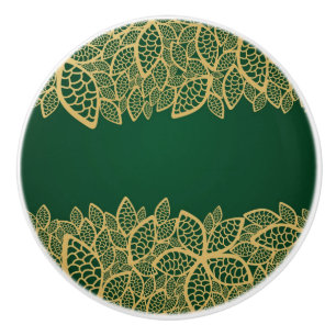 Golden leaf lace on green background ceramic knob