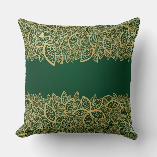 Golden leaf lace on green background cushion (Front)