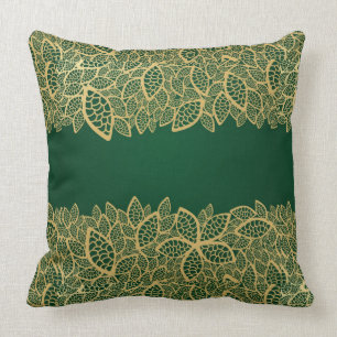 Golden leaf lace on green background cushion