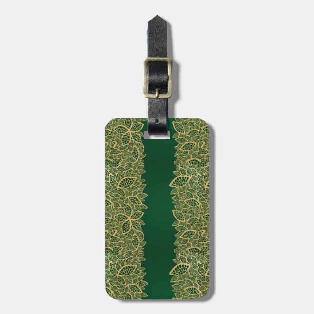 Golden leaf lace on green background luggage tag (Front Vertical)
