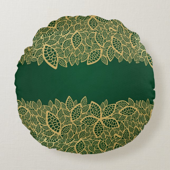 Golden leaf lace on green background round cushion (Front)