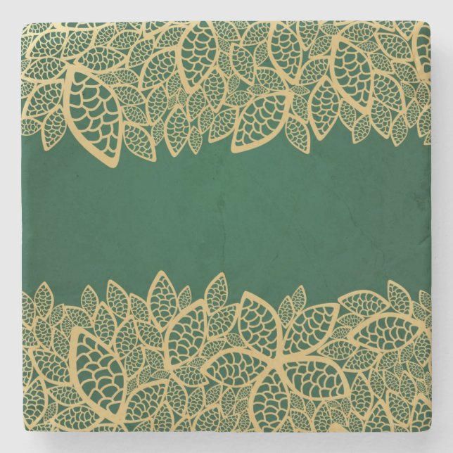 Golden leaf lace on green background stone coaster (Front)