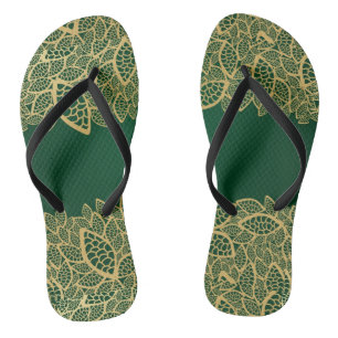 Golden leaf lace on green background thongs